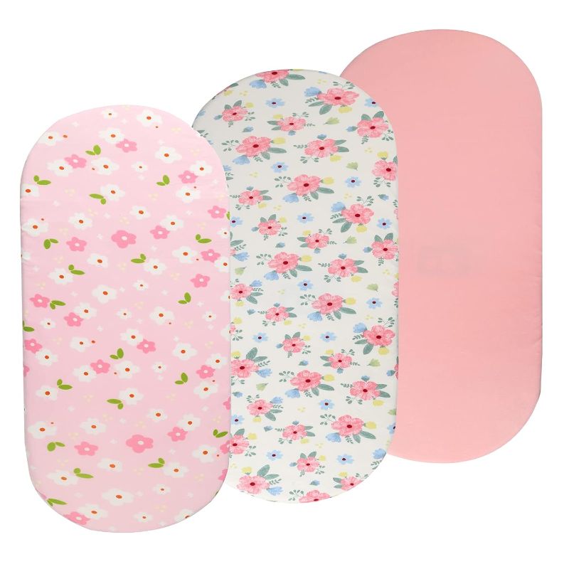 Photo 1 of Bassinet Sheets Set 3 Pack for Baby Girl, Stretchy Soft Jersey Knitted Fitted Sheet Universal for Oval Rectangle and Hourglass Bassinet Mattress, Pink Floral