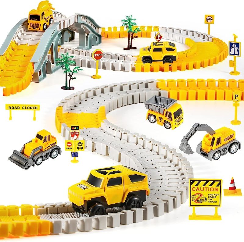 Photo 1 of 260 PCS Construction Race Tracks for Kids Toys, 2 Electric Cars, 4 Construction Cars, 1 Map & Flexible DIY Track Set, Engineering Toys for 3 4 5 6 Year Old Boys Girls