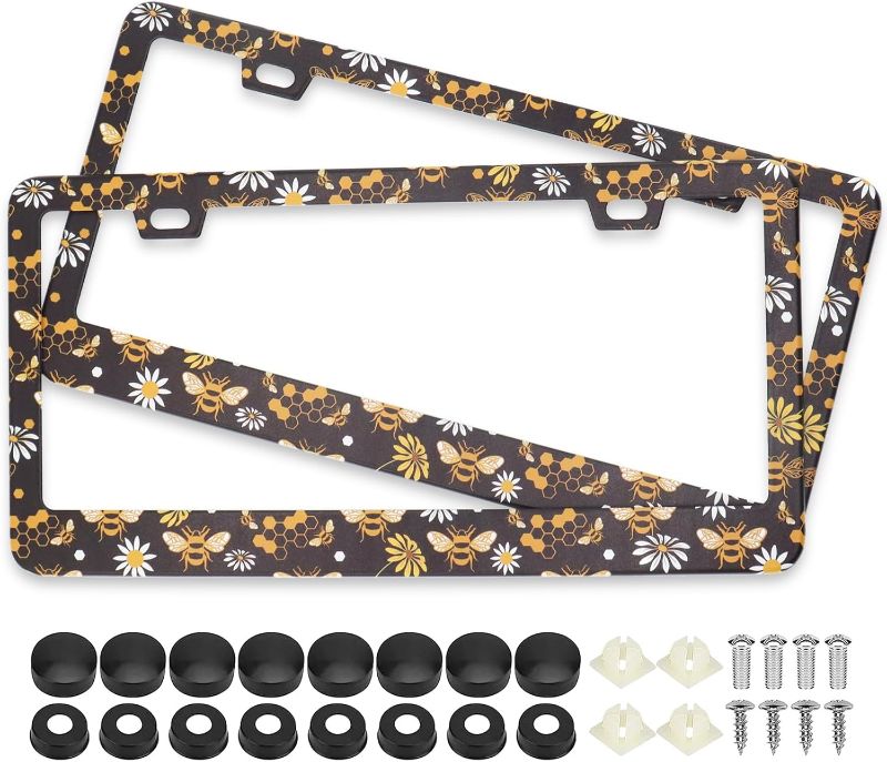 Photo 1 of Bee Honeycomb and Flowers License Plate Frames, 2 Pack Bee Honeycomb Flower Car Plate Frame, Stainless Steel License Plate Holders Covers with Free Screws Fasteners Caps (Bee Flowers) MISSING COVERS AND SCREWS**