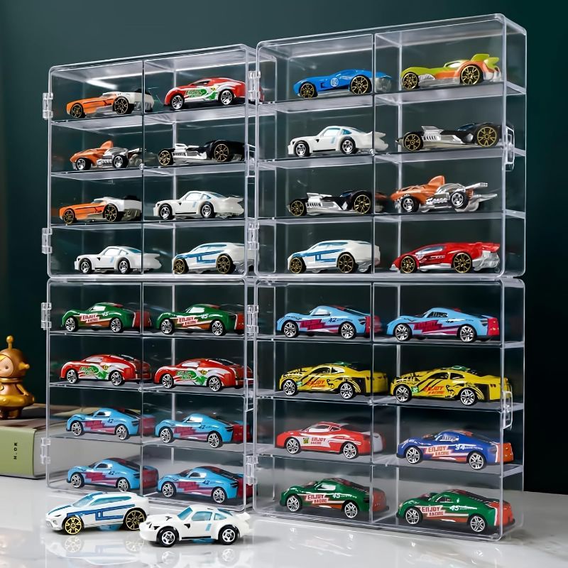 Photo 1 of Hot 1/64 Scale Matchbox Toy Car Display Box 4 Piece Toy Car Storage Box Holds Up to 32 Hot Wheels Cars, Clear Display Box with Clear Snap-On Dust Cover