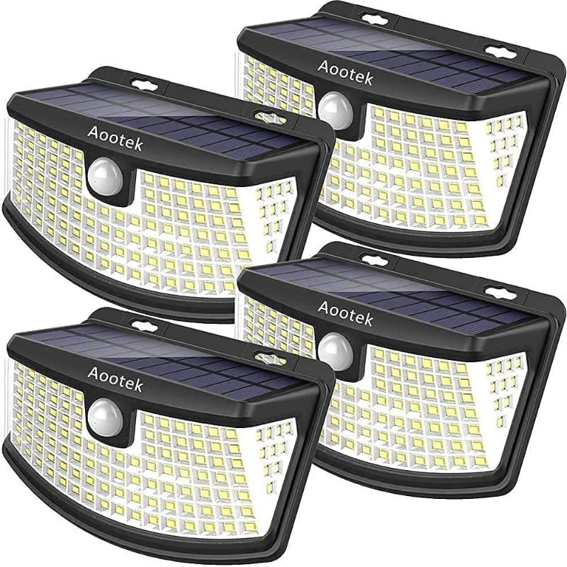 Photo 1 of Aootek New Solar Motion Sensor Lights 120 LEDs with Lights Reflector,270° Wide Angle, IP65 Waterproof, Step Lights for Front Door, Yard, Garage, Deck (4 Pack)