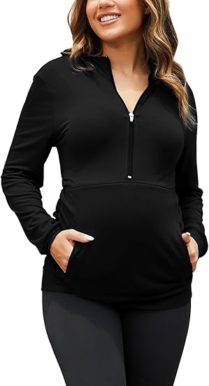 Photo 1 of MEDIUM GINKANA Maternity Long Sleeve Hoodie Half Zipper Casual Maternity Tops with Pockets Pregnancy Sweatshirt