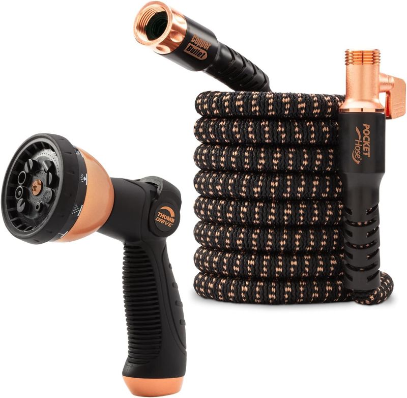 Photo 1 of Pocket Hose Copper Bullet Expandable Garden Hose 50 FT w/10 Pattern Thumb Spray Nozzle AS-SEEN-ON-TV 650psi 3/4 in Patented Lead-Free Ultra-Lightweight Solid Copper Anodized Aluminum Fittings No-Kink NOZZEL NOT INCLUDED***