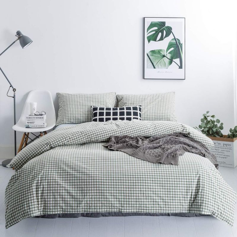 Photo 1 of KING SIZE SUSYBAO Green Gingham Duvet Cover King Size 100% Washed Cotton Grid Duvet Cover Set 3 Pieces 1 Green Plaid Duvet Cover with Zipper Ties 2 Pillow Cases Luxury Green Gingham Grid Bedding Set Breathable