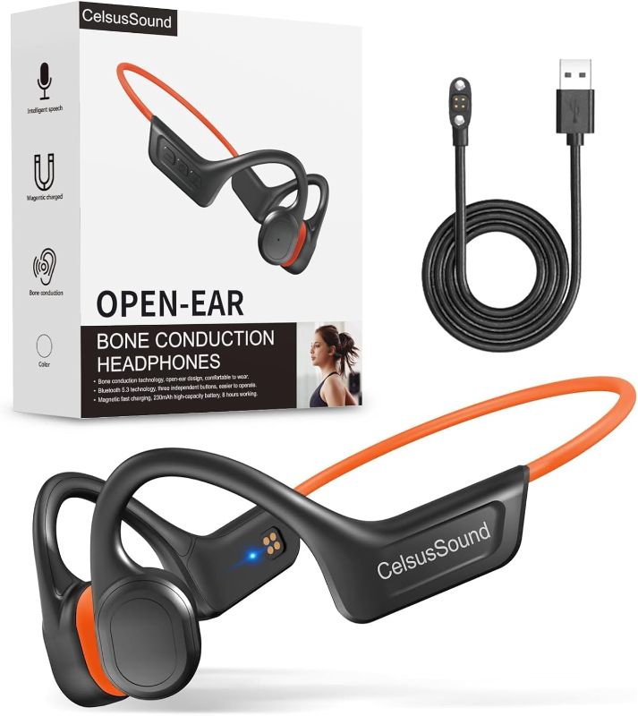 Photo 1 of Bone Conduction Headphones, Open Ear Wireless Bluetooth 5.3 Headphones, IPX7 Waterproof Sports Earbuds with Microphone, 10HR Playtime, Lightweight Headset for Running,Workout,Gym(Orange)