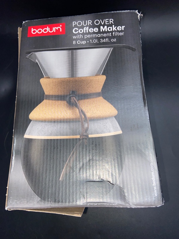 Photo 4 of Bodum 34 Oz Pour Over Coffee Maker, High-Heat Borosilicate Glass with Reusable Stainless Steel Filter and Cork Grip - Made in Portugal USED** 