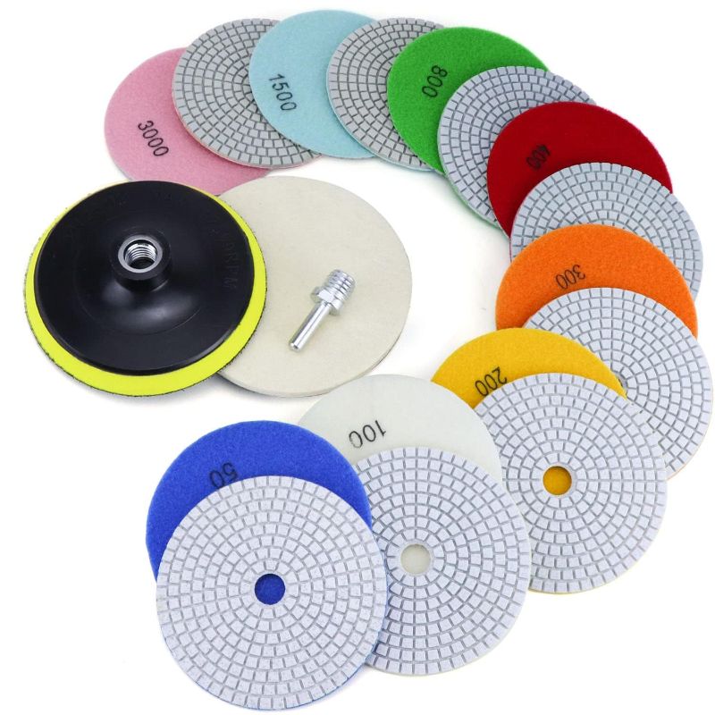 Photo 1 of Diamond Polishing Pads 5 Inch with 5/8’’-11 Hook & Loop Backing Pads, 10pcs Wet/Dry Concrete Polish Tools Kit for Drill, Grinder, Polisher, 50-3000 Grit Polishing Set for Marble Granite Quartz Stone