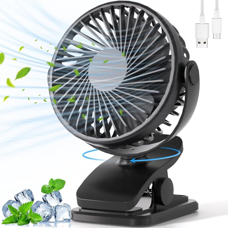 Photo 1 of Portable Clip on Fan, 360° Rotate Battery Operated Stroller Fan, 3 Speed Quiet Mini Personal Desk Fan, USB Rechargeable Clooing Fan for Outdoor Camping Golf Cart Stroller Home Office BLACK 