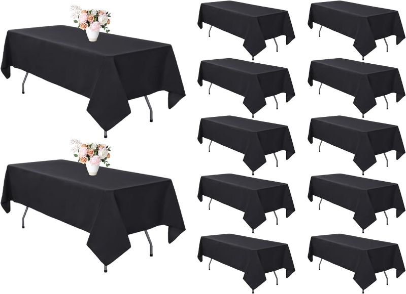 Photo 1 of 12 Pack Black Tablecloth 60 x 102 Inch Polyester Table Cloth for 6 Foot Rectangle Tables, Wrinkle Resistant Washable Decorative Fabric Table Covers for Wedding Party Banquet Buffet and Camping