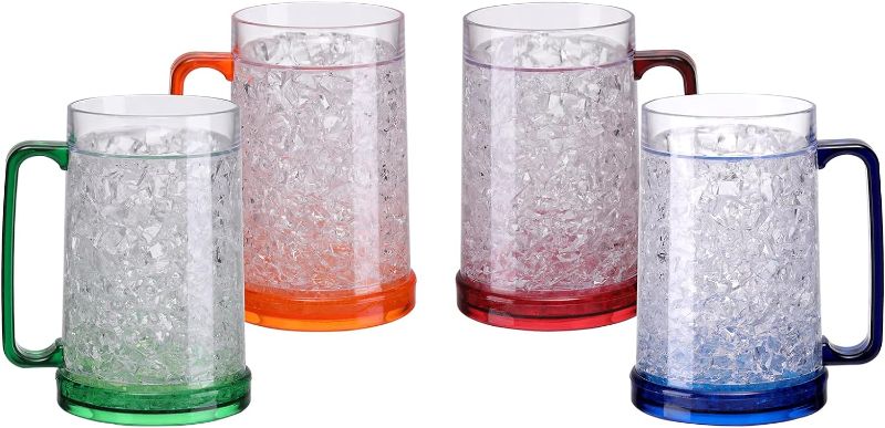 Photo 1 of Double Wall Gel Frosty Freezer Ice Mugs Clear 16oz Set of 4 (Blue, Red, Orange and Green)