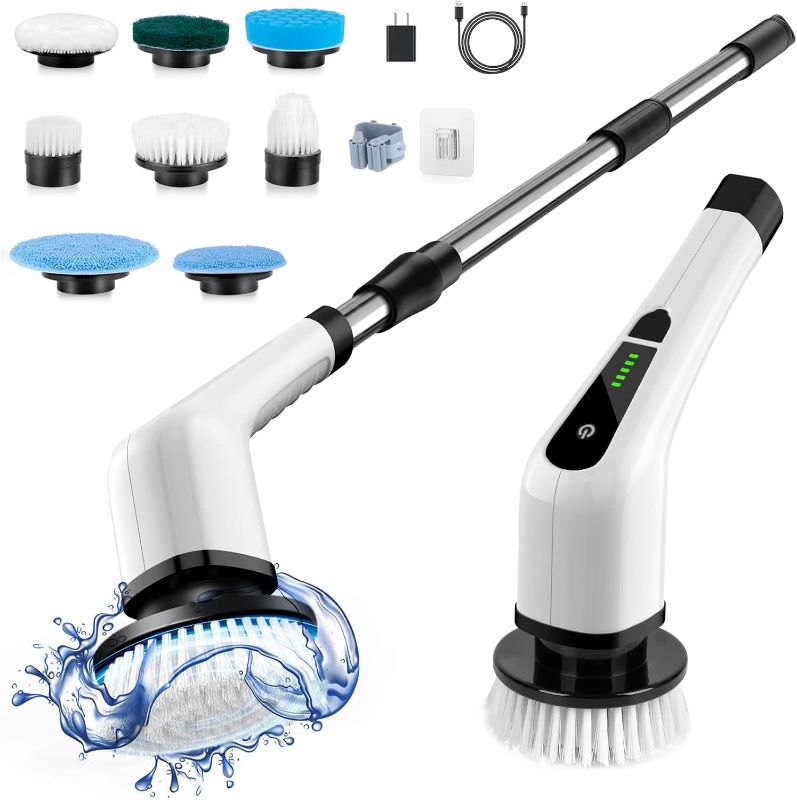 Photo 1 of Electric Spin Scrubber, Cordless Cleaning Brush Scrubber for Home, 400RPM/Mins-8 Replaceable Brush Heads-90Mins Work Time, 3 Adjustable Size, 2 Speeds for Bathroom Shower Bathtub Glass Car