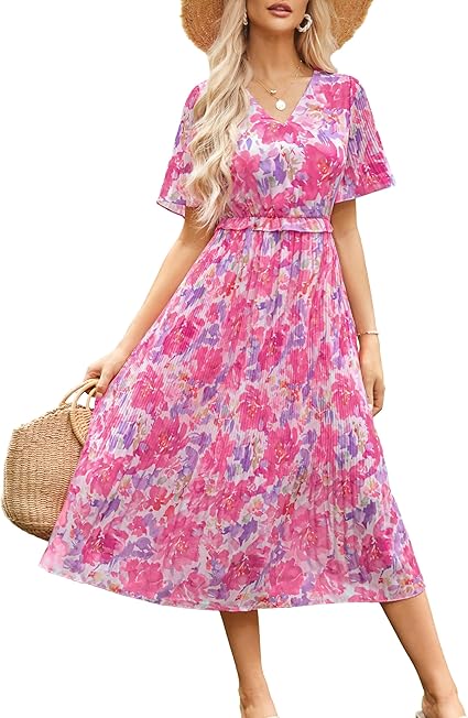 Photo 1 of MEDIUM GRACE KARIN Women's 2024 Summer Boho Floral Dress Casual V Neck Short Flutter Sleeve Dress Flowy Pleated Beach Dress