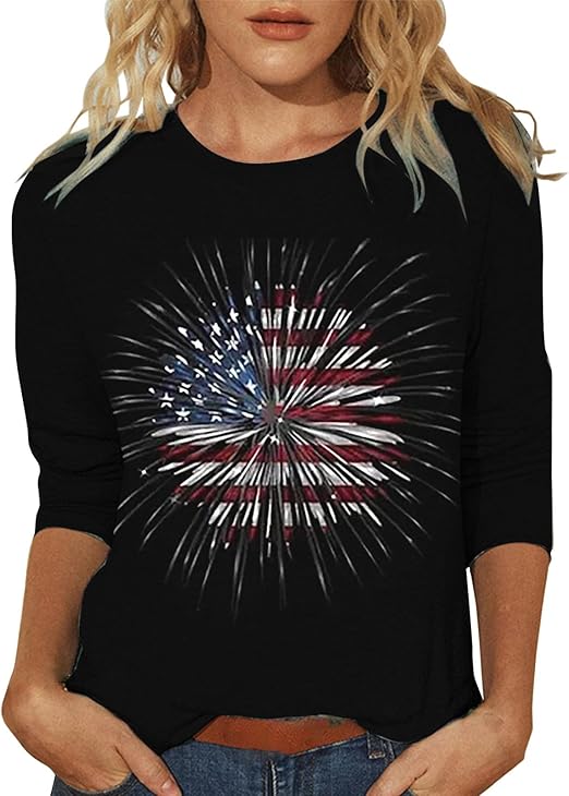 Photo 1 of XXL Patriotic Shirts for Women American Flag Shirt Star Stripes 3/4 Sleeve American Flag Shirt Going Out Tops 2024 USED**