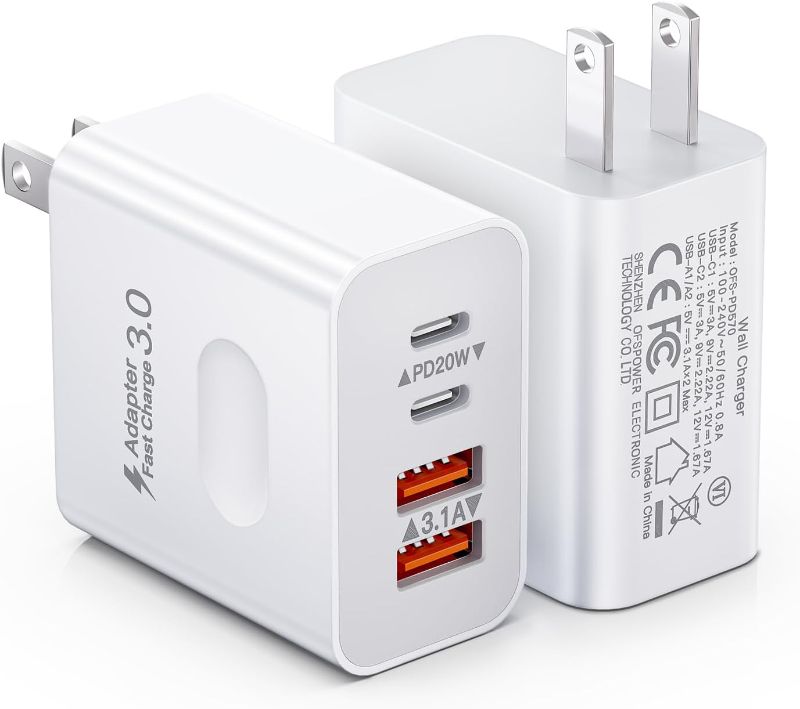 Photo 1 of [2-Pack] USB C Wall Charger, 40W 4-Port Fast Charging Block USB C Charger Dual USBC Power Adapter + QC Wall Plug Multiport Brick Type C Block for iPhone 15/14/13/12/11/Pro Max/XS/XR, iPad, Samsung