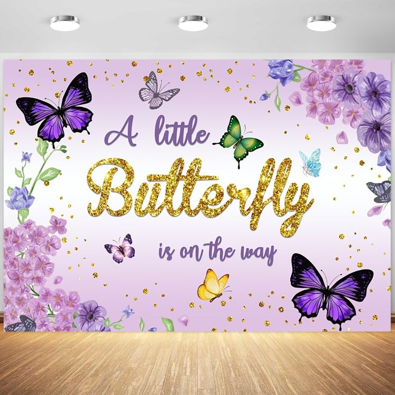 Photo 1 of 7x5ft Butterfly Baby Shower Backdrop Purple Flowers A Little Butterfly is On The Way Photography Background Girls Baby Shower Party Banner Decorations Supplies Photo Booth Props