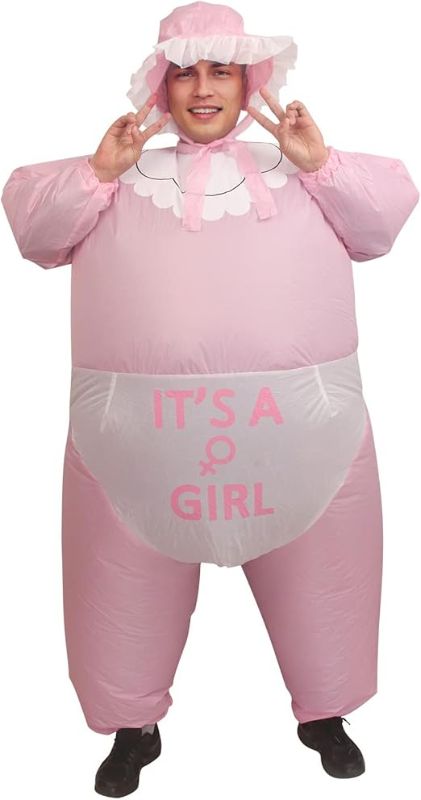 Photo 1 of IRETG Inflatable Baby Costume for Adults Funny Blow Up Costume for Baby Shower Gender Reveal Party