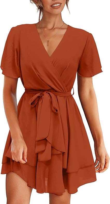 Photo 1 of 2XL BTFBM Women 2023 Fashion Faux Wrap V-Neck Dresses Short Sleeve High Waist Belt Swing Ruffle Hem Aline Summer Short Dress