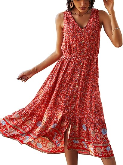 Photo 1 of MEDIUM TEMOFON Women Dress Summer Sleeveless Bohemian: Floral V Neck Button Down Flowy Boho Dresses