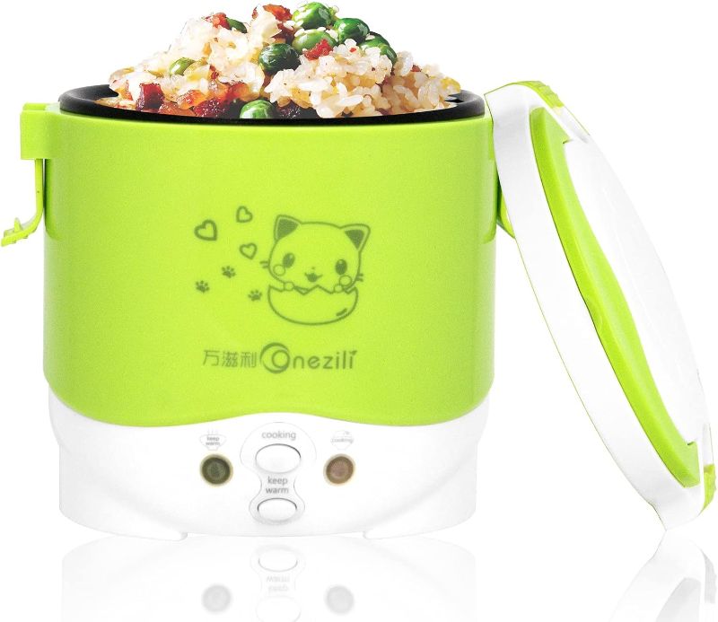 Photo 1 of 1 Cup Mini Rice Cooker Steamer 12V For Car, Cooking For Soup Porridge and Rice, Cooking Heating and Keeping Warm Function, Can be Used As a Electric Lunch Box (12v green)