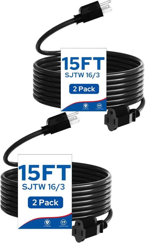 Photo 1 of 2-Pack 15FT Extension Cord, 16/3 SJTW Durable Power Cable for Indoor and Outdoor Use, 3 Prong Grounded Outlets, for Christmas Decor and Lights, ETL Listed, Black B04ECP206