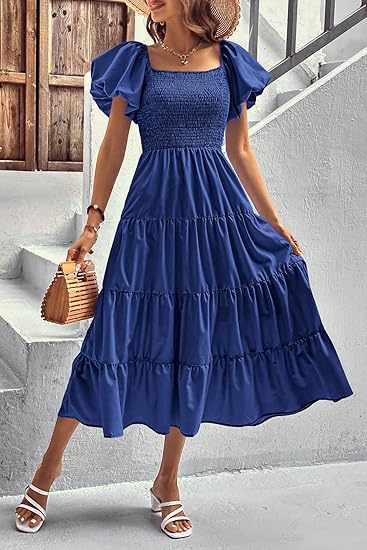 Photo 1 of MEDIUM PRETTYGARDEN Women's Casual Summer Midi Dress Puffy Short Sleeve Square Neck Smocked Tiered Ruffle Dresses