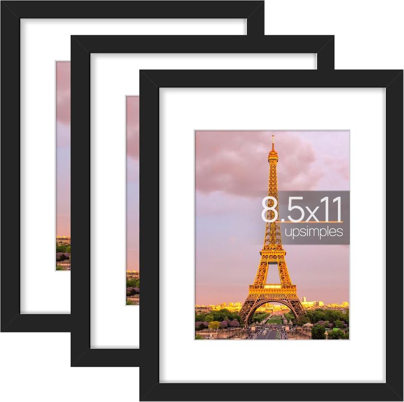 Photo 1 of upsimples 8.5x11 Picture Frame Set of 3, Made of High Definition Glass for 6x8 with Mat or 8.5x11 Without Mat, Wall and Tabletop Display Photo Frames, Black