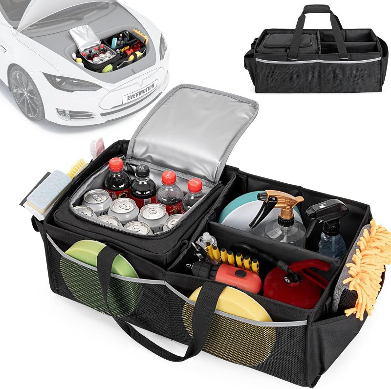 Photo 1 of Front Trunk Organizer with Cooler Bag Compatible with Tesla Model 3 / Model Y, Frunk Storage Bag Collapsible with Multi-Compartment for Trip Accessories, Tools, Food and Drink, Black