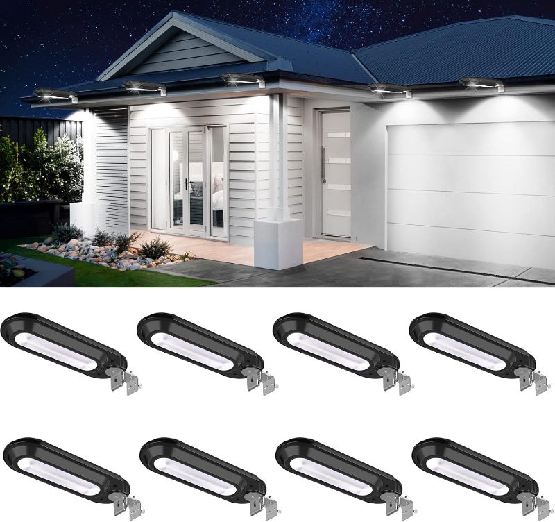 Photo 1 of ROSHWEY Solar Lights Outdoor 200LM, 18 LED Gutter Lights Outdoor Waterproof, Bright Outside Paito Lights Deck Lamp, Outdoor Lighting for Backyard, Sign, Eaves (8 Pack-Cool White Light)