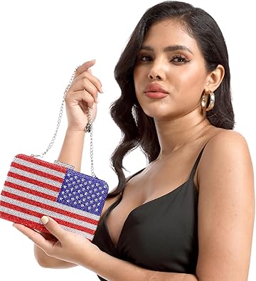 Photo 1 of Boutique De FGG The American National Flag Crystal Clutch Purse for Women Evening Bags Party Chain Shoulder Handbags, Small
