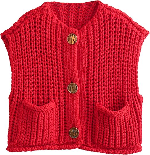 Photo 1 of LARGE Wyeysyt Womens Sleeveless Crop Knit Cardigan Casual Button Down Cropped Knitted Sweater Vest with Pockets
