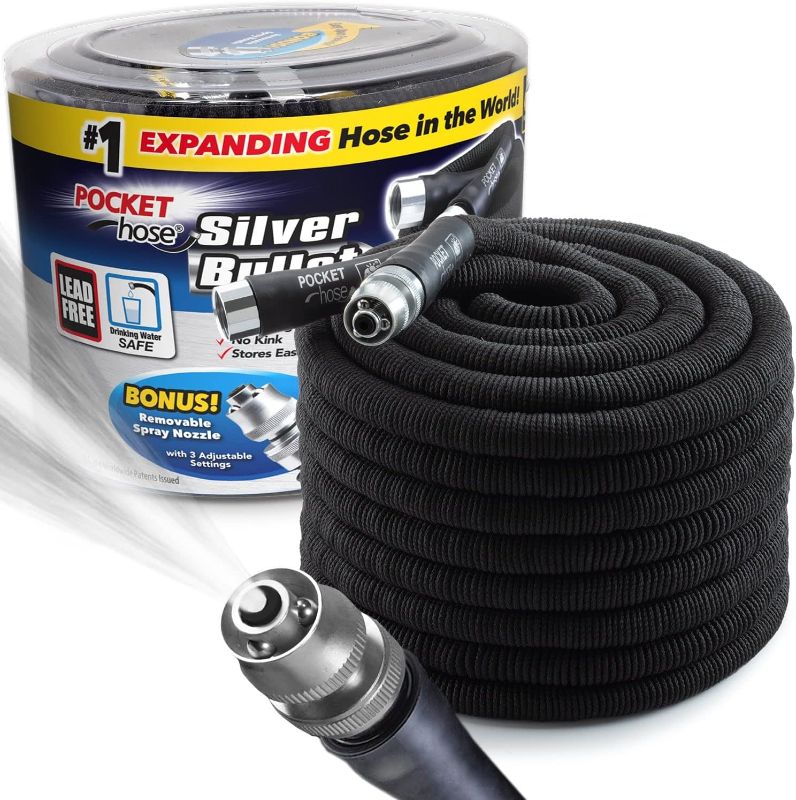 Photo 1 of Pocket Hose Silver Bullet 100 ft Turbo Shot Nozzle Multiple Spray Patterns Expandable Garden Hose 3/4 in Solid Aluminum Fittings Lightweight and No-Kink
