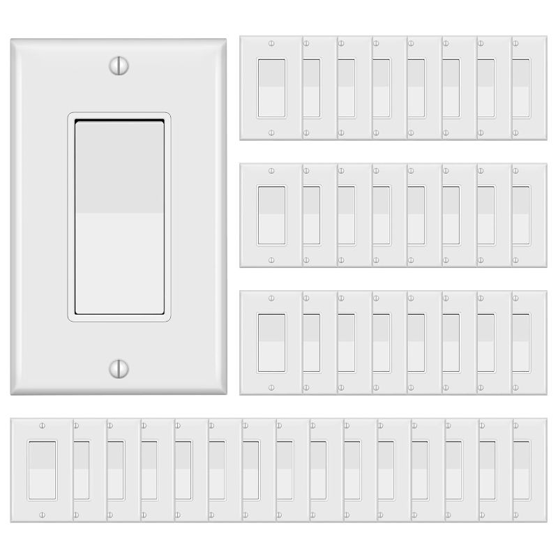 Photo 1 of Decorator Switch with Wall Plate, Single Pole Rocker Light Switch, Grounding Screw, Residential Grade, 15A 120V/277V, UL Listed, YX-S001-10PACK, White (40 Pack)
