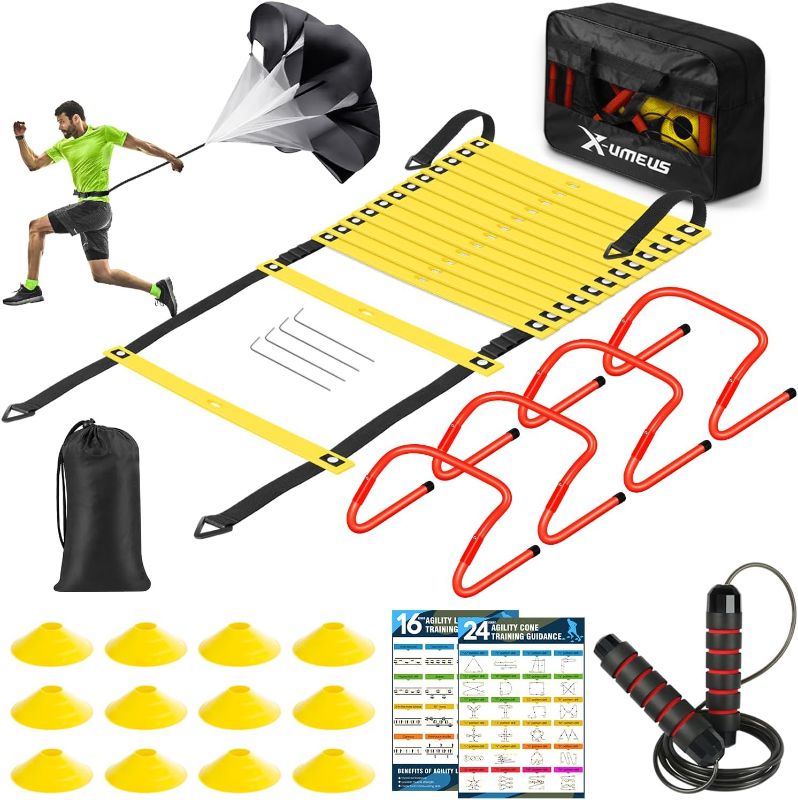 Photo 1 of Agility Ladder Speed Training Equipment Set-20ft Agility Ladder,12 Soccer Cones,4 Hurdles, Jump Rope, Running Parachute| Basketball Football Soccer Training Equipment for Kids Youth Adults
