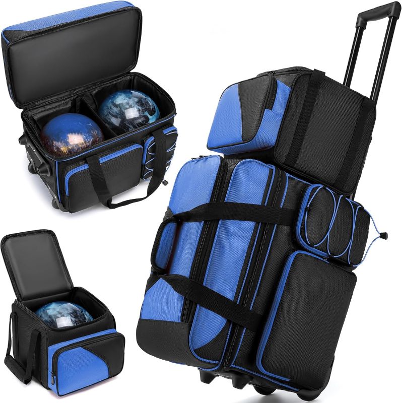 Photo 1 of Bowling Bag 2 Ball Bowling Roller Bag + 1 Ball Color Matching Add On Tote, Bowling Roller Bag with Wheels for 3 Ball / 2 Ball / 1 Ball, 3 Ball Bowling Ball Bag with Multi-Pockets (2+1 Blue)
