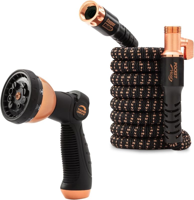 Photo 1 of Pocket Hose Copper Bullet Expandable Garden Hose 25 FT w/10 Pattern Thumb Spray Nozzle AS-SEEN-ON-TV 650psi 3/4 in Patented Lead-Free Ultra-Lightweight Solid Copper Anodized Aluminum Fittings No-Kink
