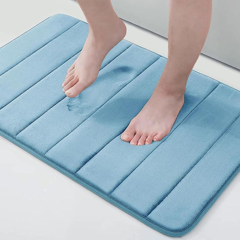 Photo 1 of Buganda Memory Foam Bath Mat Rug, 24" x 16", Ultra Soft and Non-Slip Bathroom Rugs, Water Absorbent and Machine Washable Bath Rug for Bathroom, Shower, and Tub, Blue
