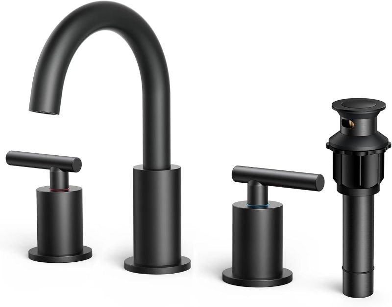 Photo 1 of FORIOUS Matte Black Bathroom Faucet 3 Hole, 8 Inch Widespread Bathroom Faucet Black with Metal Pop-up Drain Assembly, Two Handle Vanity Faucet with cUPC Supply Lines, 8" Black Modern Bathroom Faucet
