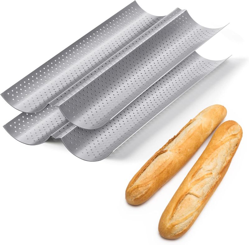 Photo 1 of 2 Pack Nonstick Perforated Baguette Pan 15" x 6.3" for French Bread Baking 2 Wave Loaves Loaf Bake Mold Oven Toaster Pan Silver
