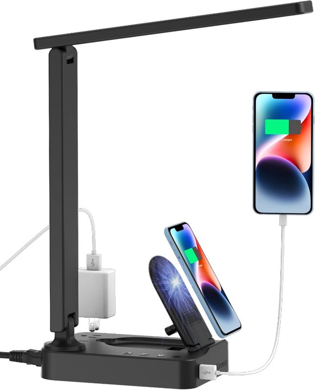 Photo 1 of Drevet LED Desk Lamp with Wireless Charger, Desk Table Light with USB Charging Port and 2 Outlets, 3 Lighting Modes, 3 Level Brightness, 1H Timer, Touch Control, Eye-Caring Home Office Foldable Lamp
