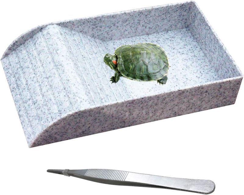 Photo 1 of kathson Reptile Tortoise Turtle Feeding Dish with Ramp and Basking Platform Plastic Turtle Food and Water Bowl Also Fit for Bath Horned Frogs Lizards Amphibians(White, Emulational Granite)
