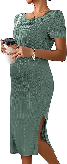 Photo 1 of SMALL Ekouaer Maternity Dress Rib Knit Short Sleeve Bodycon Dresses Casual Stretchy Pregnancy Clothes S-XXL
