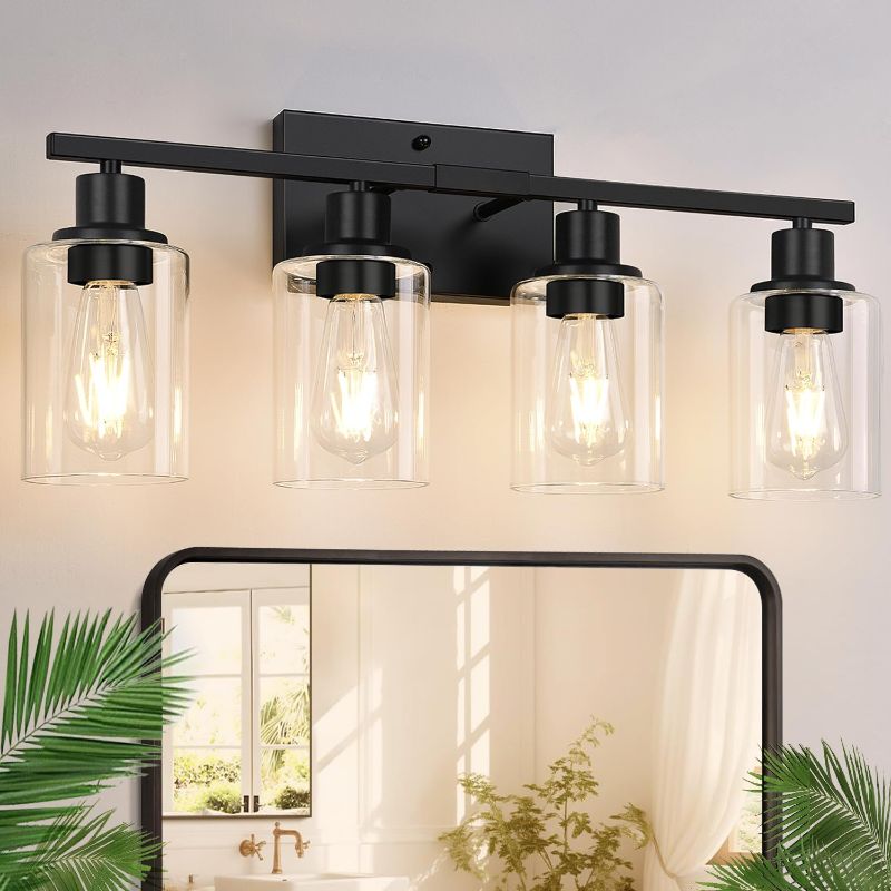 Photo 1 of 4-Light Bathroom Light Fixtures, Bathroom Vanity Lights with Clear Glass Shades, Matte Black Bathroom Light Fixtures over mirror, Modern Bathroom Wall Lamp for Mirror Living Room Cabinet Bedroom Porch
