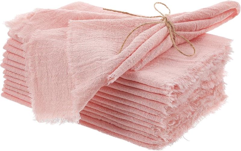 Photo 1 of 12 Pieces Cotton Linen Cloth Napkin Handmade Cloth Napkin with Fringe 17 x 17 Inch Soft Cloth Dinner Wedding Napkin Square Rustic Fringe Napkin for Dinners, Parties, Weddings, Dusty Pink
