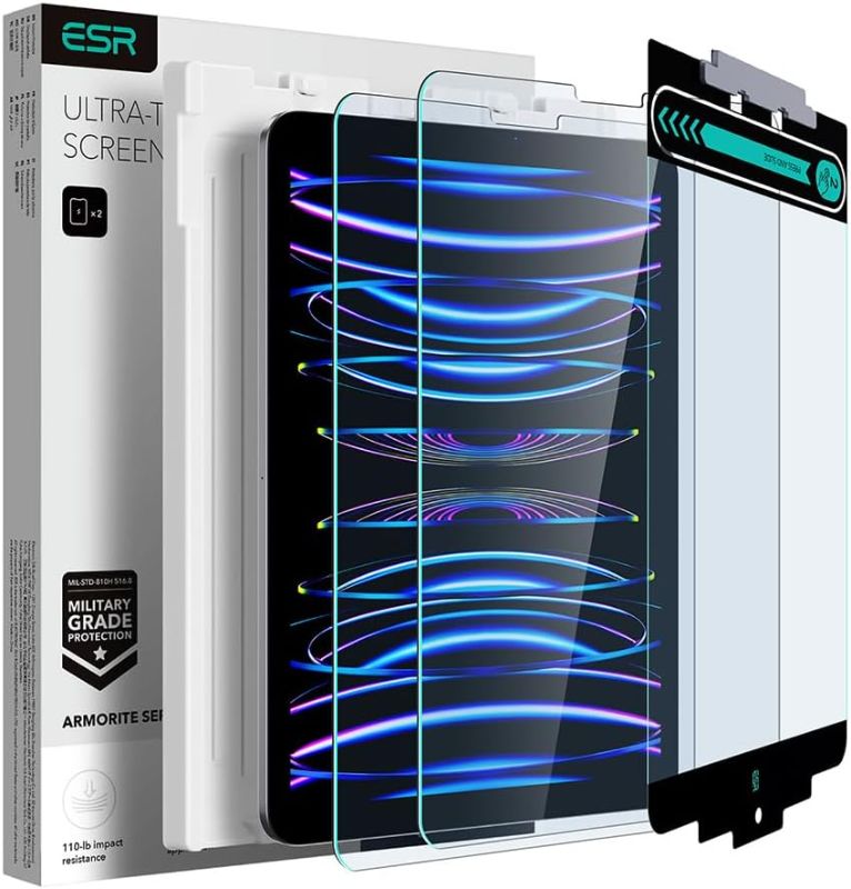 Photo 1 of ESR for iPad Pro 11 Inch Screen Protector (2022/2021/2020/2018), iPad Air 5/4 Screen Protector, Tempered-Glass Film with Easy Application Tray, Scratch Resistant, HD Clarity, Armorite Series, 2 Pack

