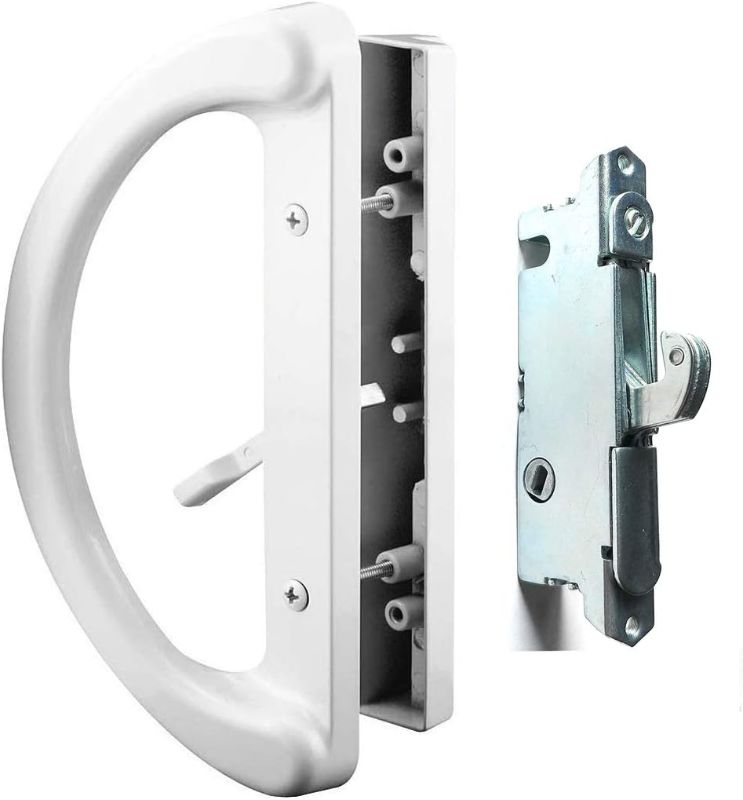 Photo 1 of Patio Door Handle Set + Mortise Lock 45° Perfect Replacement for Sliding Glass Door Fits 3-15/16” Screw Hole Spacing, Non-keyed with Latch Locks,White Diecast,Reversible Design(Non-Handed)
