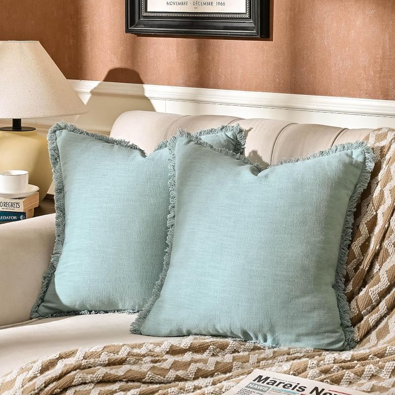 Photo 1 of AmHoo Pack of 2 Linen Pillow Covers with Tassels Fringed Decorative Rustic Natural Throw Pillowcase Cushion for Couch Sofa Bedroom 16 x 16-Inch Cloud Blue
