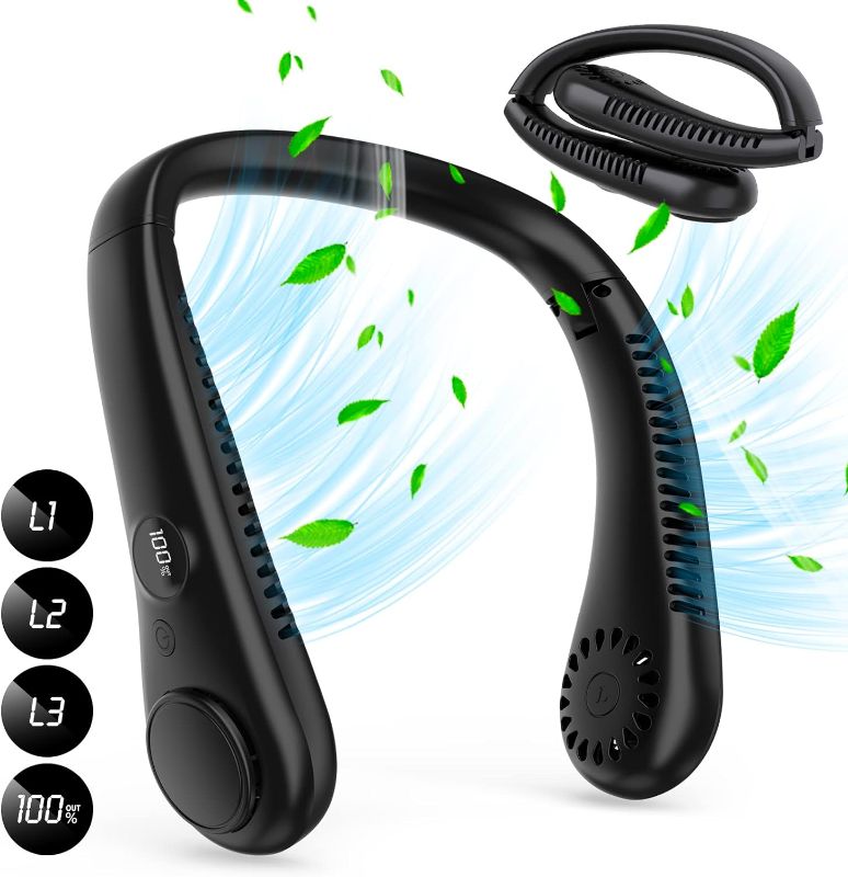 Photo 1 of LAESO Foldable Portable Neck Fan - Rechargeable Folding Hands Free Cooling Bladeless Personal Fan Battery Operated, LCD Display 3 Speeds USB Wearable Quiet Fan for Women Men Gifts Outdoor Indoor
