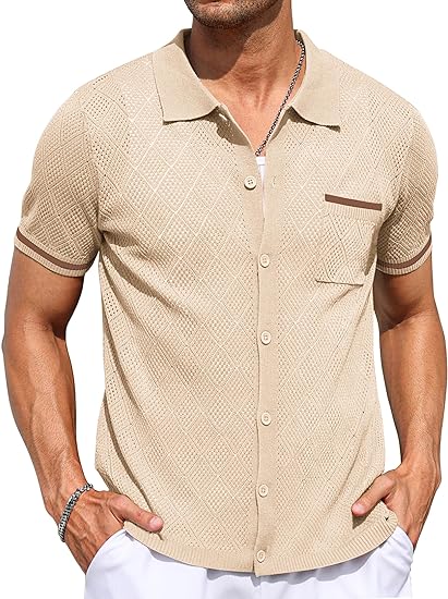 Photo 1 of LARGE COOFANDY Men's Short Sleeve Knit Shirts Vintage Button Down Polo Shirt Casual Beach Tops NEW WITH TAGS***
