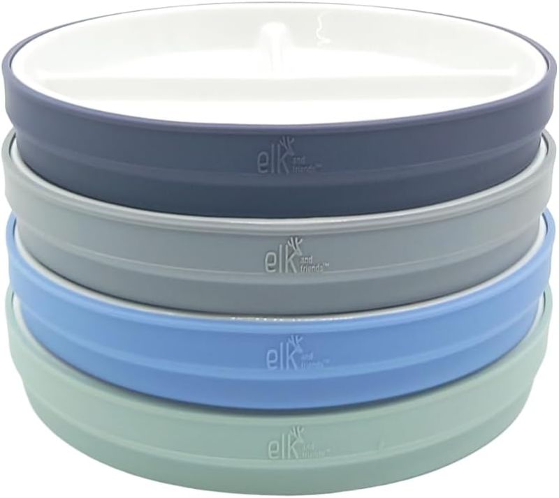 Photo 1 of Elk and Friends 6.7" Kids Porcelain White Plates with Silicone Sleeves | Divided Plates | Suitable for Kids/Toddlers | Microwave & Dishwasher Safe | Non Slip | Snack Dishes
