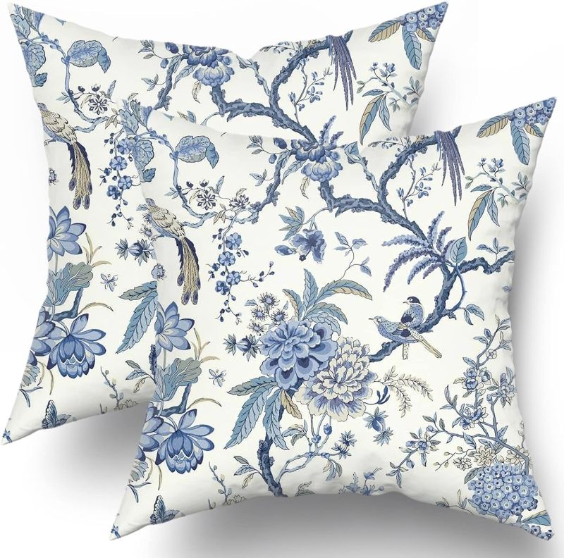 Photo 1 of Chinoiserie Pillow Covers Set of 2 Blue and White Outdoor Pillows Bule Birds Flowers Throw 18x18 Inch Cotton Square Cushion Cover Decor for Bedroom Couch Bed Living Room Sofa Chair NEW***